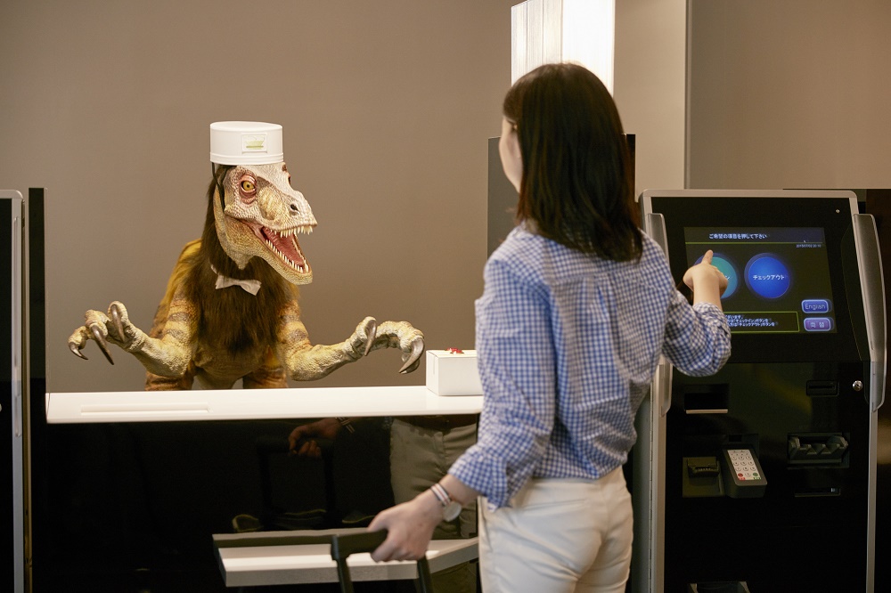 Check in desk serviced by a tri-lingual dinasaur at Henn-na Hotel